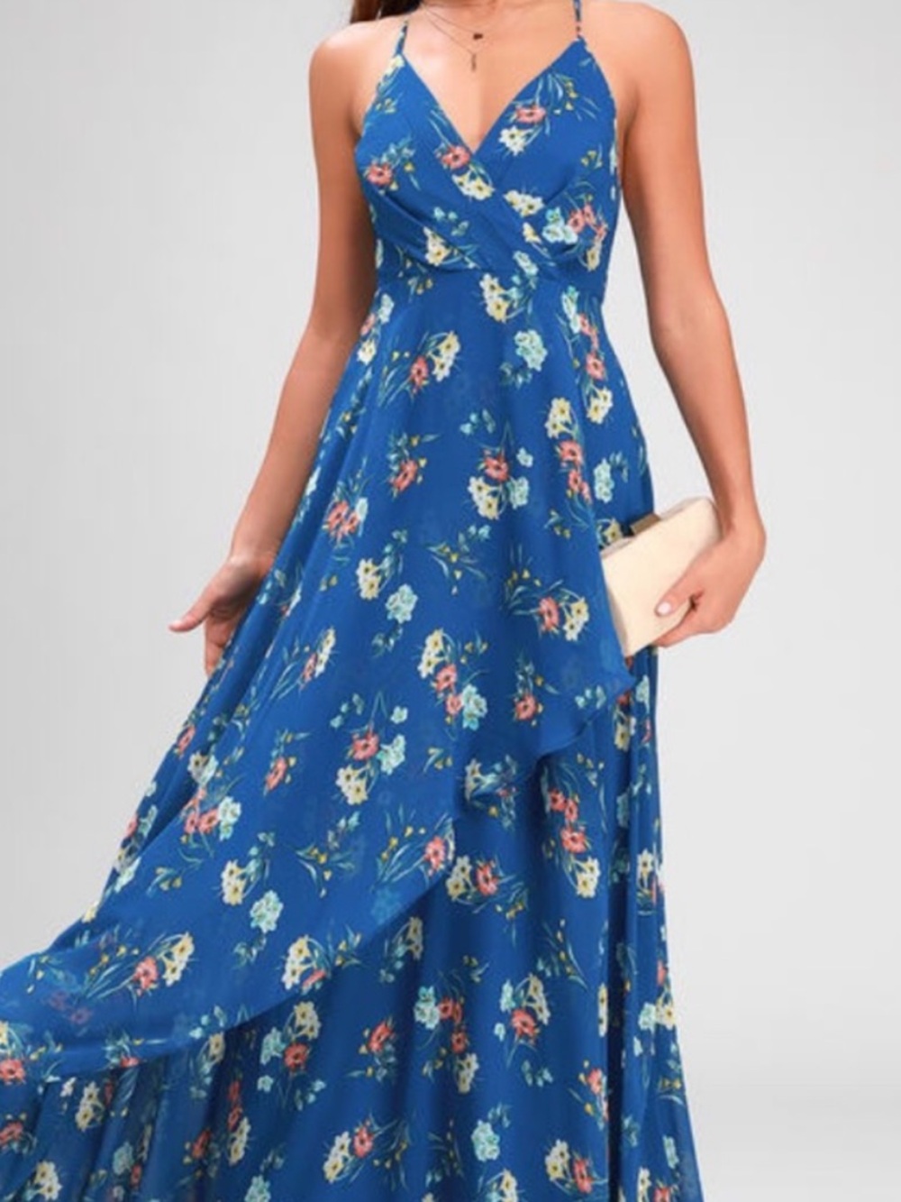 NWT Lulus Romance Abound Royal Blue Floral Print Surplice Maxi Dress